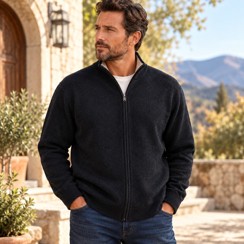 Toscano Italy Mens 3X Wool Sweater Black Full Zip Mock Neck Cardigan Jacket